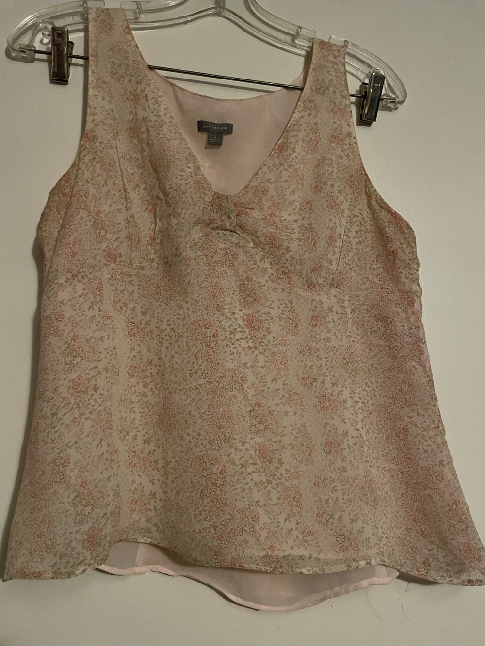 Ann Taylor Cream and Pink Floral V-Neck Camisole